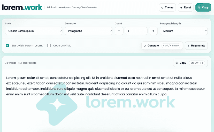 lorem.work - Minimal Dummy Text Generator Website For Sale.