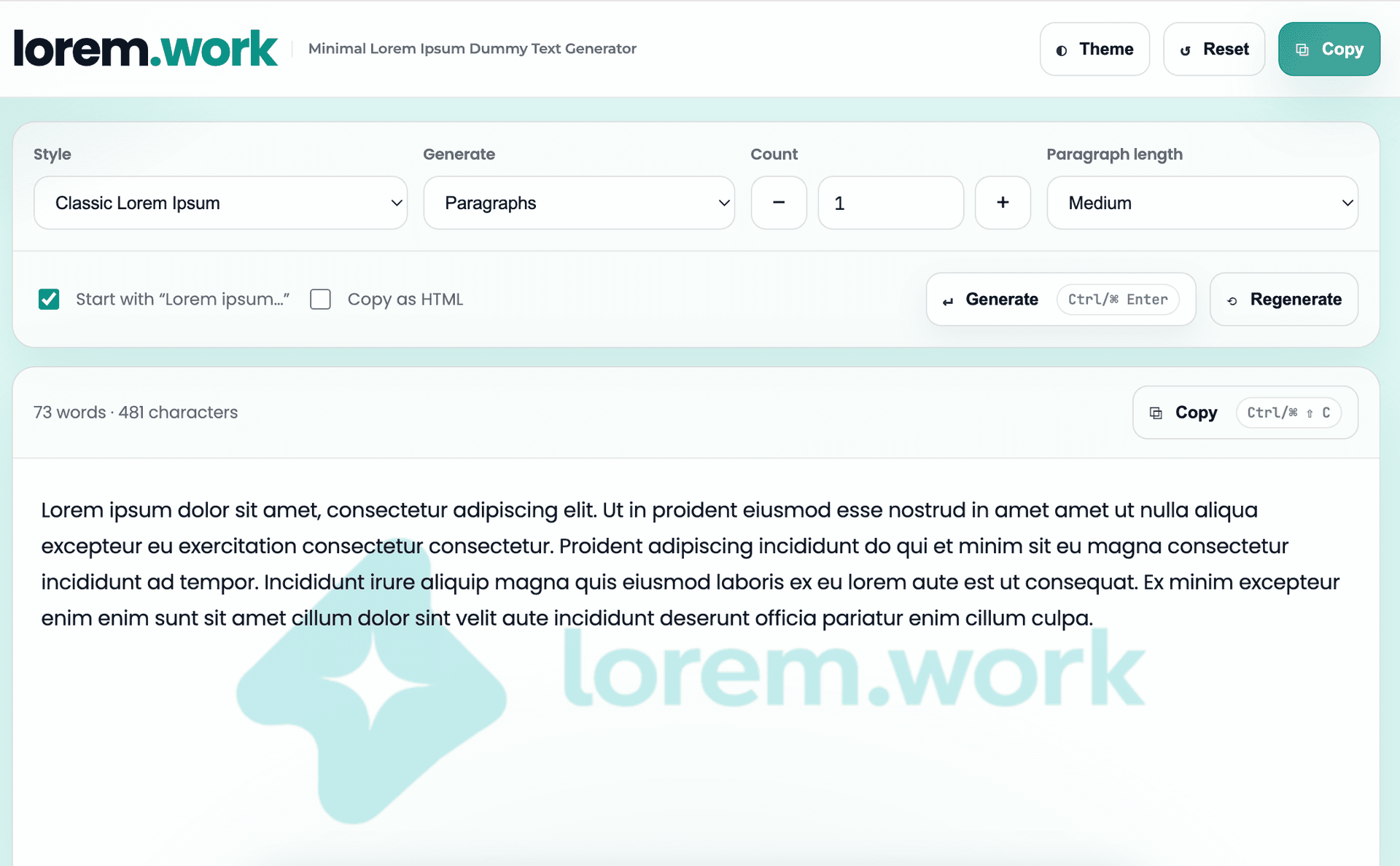 lorem.work - Minimal Dummy Text Generator Website For Sale. - Main Image